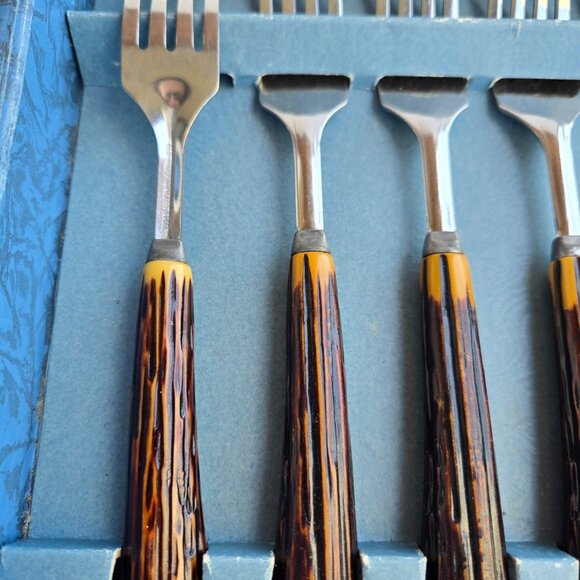 Vintage Glo Hill Steak Knife & Fork Set • 12-Piece Stag Handle Cutlery - Picture 3 of 9